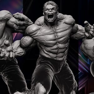 May include: A grayscale sculpture of the Hulk in a dynamic pose, with arms outstretched and mouth open in a roar. The figure is muscular, wearing dark trousers, and has detailed facial features. The image is a composite of three views.