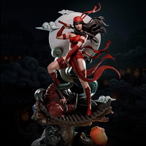 May include: A red action figure of a female warrior in a dynamic pose, holding a sword. She wears a red outfit with flowing ribbons, standing on a detailed base with a defeated figure. The background features a full moon and stylized clouds.