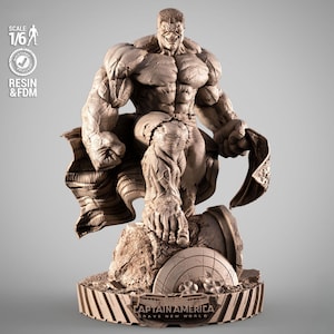 May include: A detailed resin statue of the Hulk, posed aggressively, standing on a base with the text "CAPTAIN AMERICA BRAVE NEW WORLD". The statue is a light brown colour and is labelled as 1/6 scale.