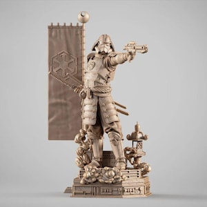 May include: A bronze-colored statue of a samurai warrior in armor, holding a blaster pistol and two katanas. A banner with a symbol stands behind the figure. The statue is on a base with decorative elements.