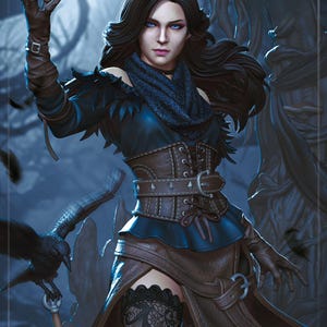 May include: A woman with long black hair wearing a blue and brown outfit with a leather belt and a black lace garter. She is standing in a dark forest with a crow perched on a branch behind her.