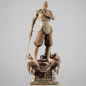 May include: A detailed statue of a warrior figure, standing on a decorative base. The figure is in a fighting stance, holding a weapon. The statue is primarily beige and brown, with intricate details.