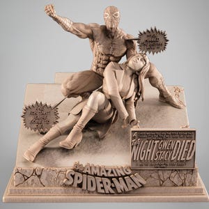 Może przedstawiać: Szczegółowa statua przedstawiająca Spider-Mana i Gwen Stacy. Rzeźba jest w odcieniach brązu i beżu, ze Spider-Manem w dynamicznej pozie nad upadłą Gwen Stacy. Tekst zawiera "Amazing Spider-Man" i "The Night Gwen Stacy Died".