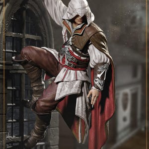 May include: A figurine of a character wearing a white hooded cloak, brown leather pants, and a red sash. The character is climbing a stone wall with a barred window.