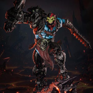 May include: A detailed action figure of a warrior with a green skull-like face, red and black helmet, and blue skin. The figure is clad in black armor and stands on a rocky base with lava effects. It wields a large mechanical arm.