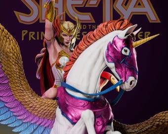 May include: A statue of She-Ra, Princess of Power, riding a winged unicorn. She-Ra is wearing a gold helmet and armor, holding a sword aloft. The unicorn has a pink bridle and saddle, with wings of gold, purple, and blue. The background features the She-Ra logo.