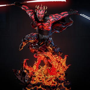 May include: A detailed figurine of a red and black horned character with facial tattoos, leaping above a base of molten lava and dark rocks. The character holds a double-bladed lightsaber with glowing red blades extended horizontally in both hands.