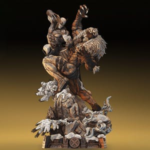 May include: A detailed statue depicting a battle scene between two figures. One figure, with claws extended, is in a dynamic pose, clashing with another. The statue is set on a rocky base with snow-like accents, and features a brown and tan color scheme.