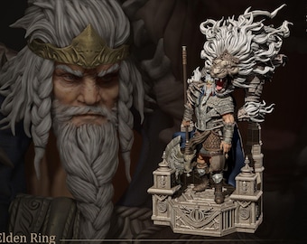 以下が含まれることがあります： エルデンリングのゲームキャラクター、ゴッドフリーの精巧なフィギュア。フィギュアはグレーの石のような素材でできており、ゴッドフリーが大きな斧を持った戦士のポーズをとっている。彼は鎧と王冠を身に着け、髪は長く、なびいている。フィギュアは石のような質感の台座の上に置かれている。