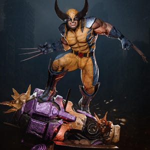 May include: A detailed figurine of Wolverine, a Marvel Comics character, in a dynamic pose. The figure is clad in a yellow and blue costume, with claws extended. The base is a purple and gold mechanical structure, set against a dark, blurred background.