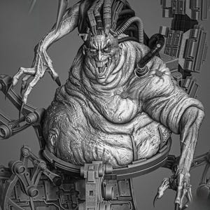 Puede incluir: Una criatura grotesca y carnosa con una amplia sonrisa llena de dientes se sienta en una silla mecánica. La criatura tiene una cabeza grande y bulbosa con cables y tubos que sobresalen de ella. La silla está hecha de metal y tiene un diseño complejo.