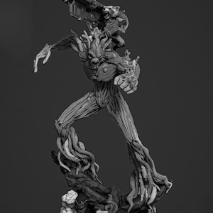 May include: A grayscale sculpture of Groot, a tree-like humanoid, with Rocket Raccoon perched on his shoulder. Groot is in a dynamic pose, with detailed textures and a weapon. The base features additional sculpted elements, including a shield.
