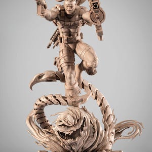 May include: A detailed beige statue of a muscular character in a dynamic pose, holding two guns. The figure is atop a swirling, organic base with an X-Men logo. The statue features intricate details and a determined expression.