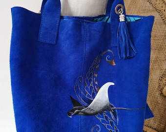 polynesian manta ray hand painted royal blue suede bags