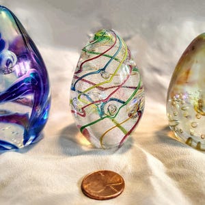 Vintage Blown Glass Iridescent Egg Style Paperweights. Handcrafted by GlassEyeStudio(GES). Created in 1993(x1) and 2000(x2). Signed & dated.