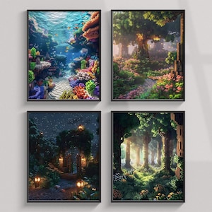 Minecraft World Print, Set von Minecraft Karten Wandkunst, Videospiel Poster, Kinderzimmer Dekor, Geschenk Clipart, Minecraft Pixel Landschaftsbild