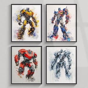 Impresión de Transformers: Bumblebee, Optimus Prime y Megatron. Juego de 4 pósteres de películas en acuarela. Decoración infantil. Imágenes prediseñadas. Póster de Transformers para regalo.