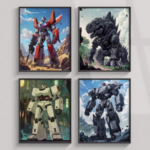 Poster Transformers, stampa Transformers, set di 4 stampe murali Autobots e Decepticons, decorazioni per la cameretta dei bambini, clipart Transformers, stampa di robot dei fumetti