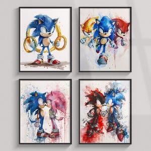 ヘッジホッグ ソニック アート ポスター、水彩キャラクターのセット ビデオゲーム プリント、ソニック チーム ウォール アート、子供部屋の装飾、ソニック クリップアート、ギフト プリント