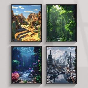 Kubuswereld Minecraft-print, set Minecraft-landschapskunst aan de muur, pixelkaart-videogameposter, kinderkamerdecoratie-cadeau-clipart Minecraft-afbeelding