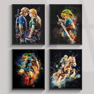 The Legend Of Zelda Print, Link And Zelda Watercolor Wall Art, Set Of Video Game Posters, Gaming Room Decor, Fantasy Clipart, RPG Picture