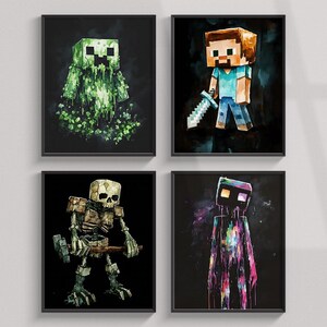 Minecraft Art Print, Steve, Creeper, Enderman, Skeleton, Set Of 4 Watercolor Characters Wall Art, Video Game Poster, World Minecraft Clipart