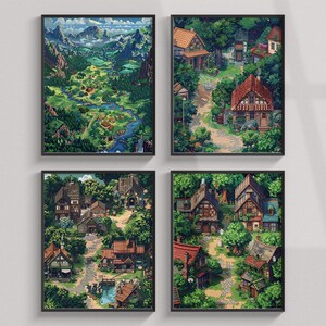 Stardew Valley wandkunstprint, set boerderijnatuurkunstwerken, retro videogameposter, pixelkaartschilderij, landhuisdecoratie, cadeau-clipart