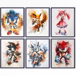 Sonic Print, Set Of 6 Watercolor Characters, Tails, Amy Rose, Knuckles, Shadow, Silver, Video Game Poster, Kids Room Decor, Sonic Clipart