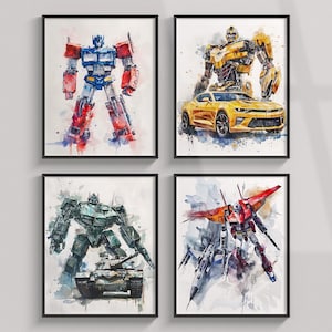 Juego de 4 láminas de acuarela de Transformers: Bumblebee, Optimus Prime, Megatron, Starscream, póster de Transformers, decoración para habitación de niño, imágenes prediseñadas