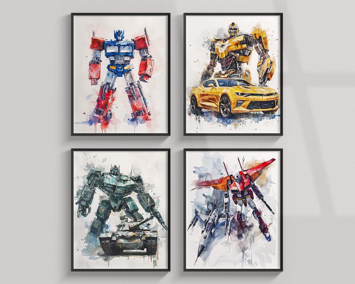 Set Of 4 Transformers Watercolor Art Prints, Bumblebee, Optimus Prime, Megatron, Starscream, Transformer Poster, Boys Room Decor, Clipart