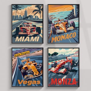 Impresión de Fórmula 1, conjunto de 4 pistas, arte de coches deportivos de F1, póster del Gran Premio de Mónaco de F1, arte mural de carreras de Ferrari, imágenes prediseñadas de Red Bull McLaren Mercedes