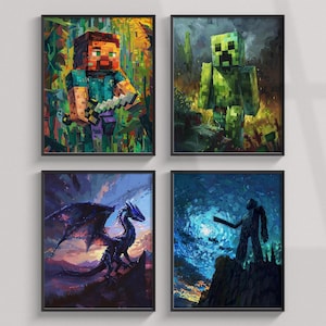 Minecraft Wall Art Van Gogh Style, Steve, Creeper Print, Enderman, Dragon, Set Of Pixel Video Game Posters, Kids Room Decor, Art Clipart
