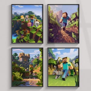 Poster di Minecraft, set di stampe di Minecraft con paesaggi, poster di videogiochi pixelati, decorazioni per la cameretta dei bambini, clipart di Minecraft, immagine di Minecraft, arte murale