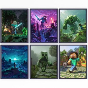 Mi-craft Poster, Set Of 6 Characters Arts, Steve with Sword, Kids Game Print, Pixel Video Game Wall Art, Children Room Decor, Gaming Clipart