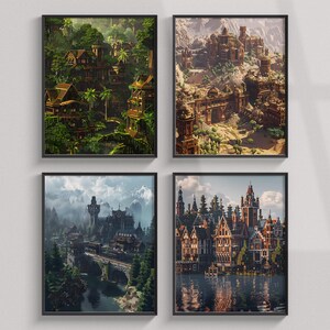 Kubusstad Minecraft-print, set van 4 kaarten Minecraft-muurkunst, videogameposter, kinderkamerdecoratie, wereld Minecraft-kunstclipart, pixellandschap