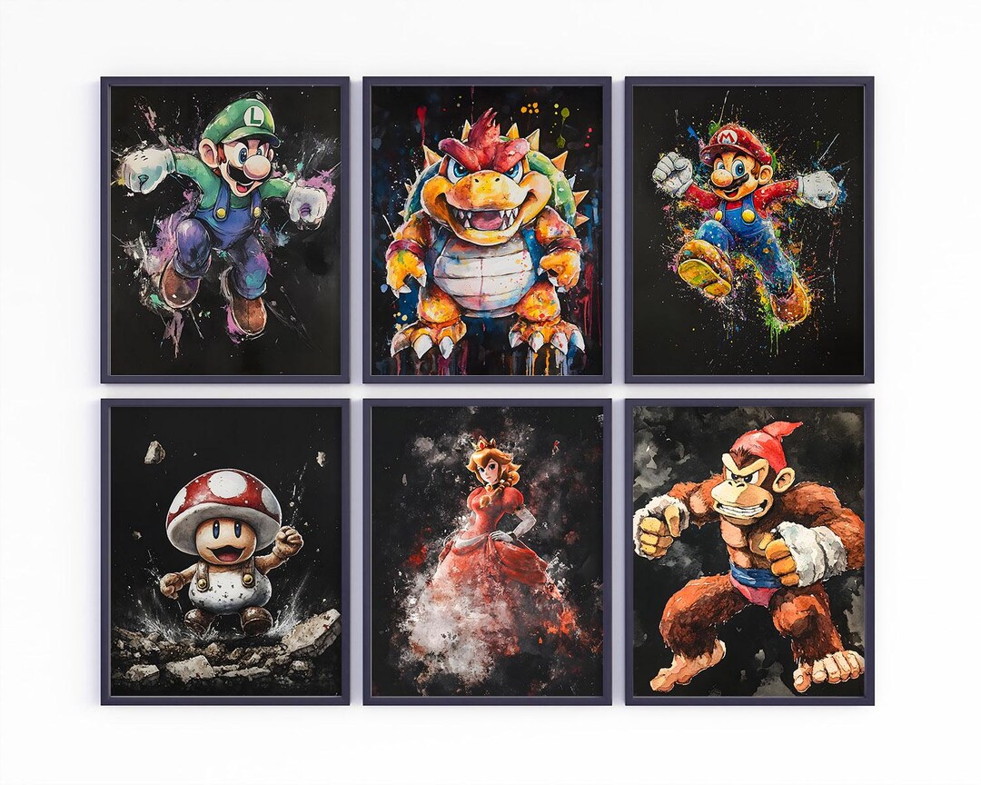 Super Mario Watercolor Art Print, Set of 6 Characters Video Game, Mario ...
