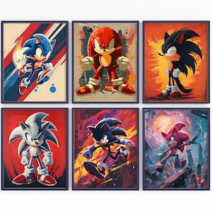Hedgehog Sonic Art Poster, Set Of 6 Retro Video Game Character Wall Art, Tails, Amy Rose, Knuckles, Shadow, Sonic Team Print, Sonic Clipart