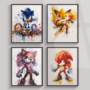Sonic Team Poster, Tails, Knuckles, Amy Rose, Set Of Watercolor Characters Video Game Wall Art, Sonic Print, Sonic Clipart, Nursery Decor