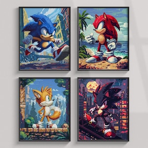 Affiche Sonic Hérisson, affiche de jeu vidéo, lot de 4 cliparts de personnages en pixels, décoration murale Team Sonic, décoration de chambre d'enfant, illustration de gameplay rétro