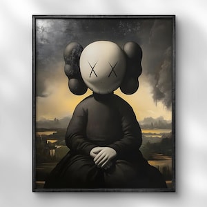 KAWS Mona Lisa Art Print, Hypebeast Figure Wall Art, Pop Art Parody Poster, Contemporary Street Art Mashup, Modern Wall Decor
