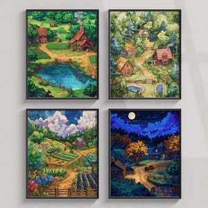 Stardew Valley Print, Set van 4 aquarelboerderijkaarten, Retro videogameposter, Pixelgame-muurkunst, Landhuisdecor, Landschapsclipart