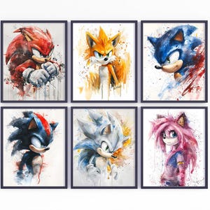 Hedgehog Sonic Art Print, Set Of 6 Watercolor Video Game Character Wall Art, Tails, Amy Rose, Knuckles, Shadow, Sonic Team Poster, Clipart