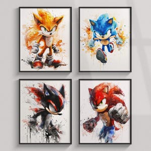 Hedgehog Sonic Print, Tails, Knuckles, Shadow, Set Of Watercolor Characters Video Game Posters, Sonic Team Wall Art, Kids Room Decor Clipart