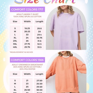 May include: Size chart for unisex t-shirts and crewneck sweatshirts. The chart shows sizes S through 4XL with corresponding width and length measurements in inches. The t-shirt is light purple and the sweatshirt is peach.