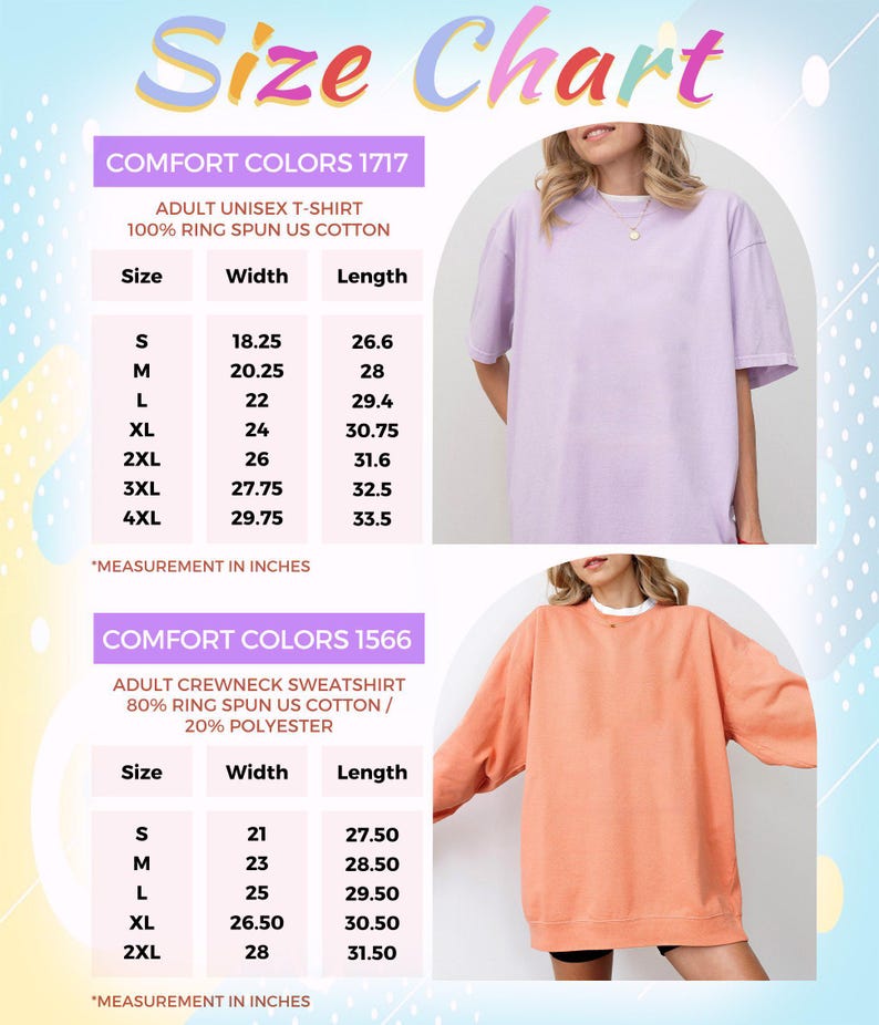 May include: Size chart for unisex t-shirts and crewneck sweatshirts. The chart shows sizes S through 4XL with corresponding width and length measurements in inches. The t-shirt is light purple and the sweatshirt is peach.