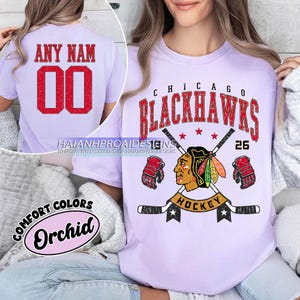 Personalized Comfort Colors® Chicago Blackhawks T-Shirt | Comfort Colors T-Shirt for Hockey Fans | Custom Number | Retro Team Shirt