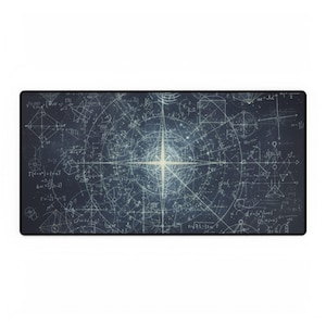 May include: A rectangular desk mat with a dark blue backdrop, showcasing a detailed white mathematical diagram. The design incorporates geometric shapes, equations, and a central starburst. The mat is framed by a black border.