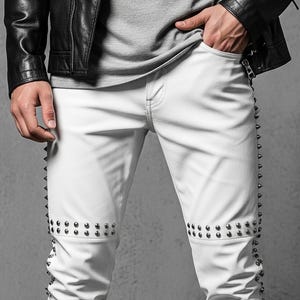 Men&#39;s White Leather Studded Pants - Genuine Sheep Leather Moto Trousers - Slim Fit Punk Rock Pants - Gothic Leather Jeans - Handmade Pants