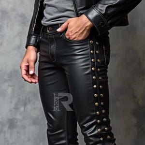 Men&#39;s Genuine Leather Studded Pants - Black Rock Inspired Leather Pants with Gold Studs, Leather Jeans, Gifts For Him - Handmade Pants