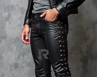 Men&#39;s Genuine Leather Studded Pants - Black Rock Inspired Leather Pants with Gold Studs, Leather Jeans, Gifts For Him - Handmade Pants